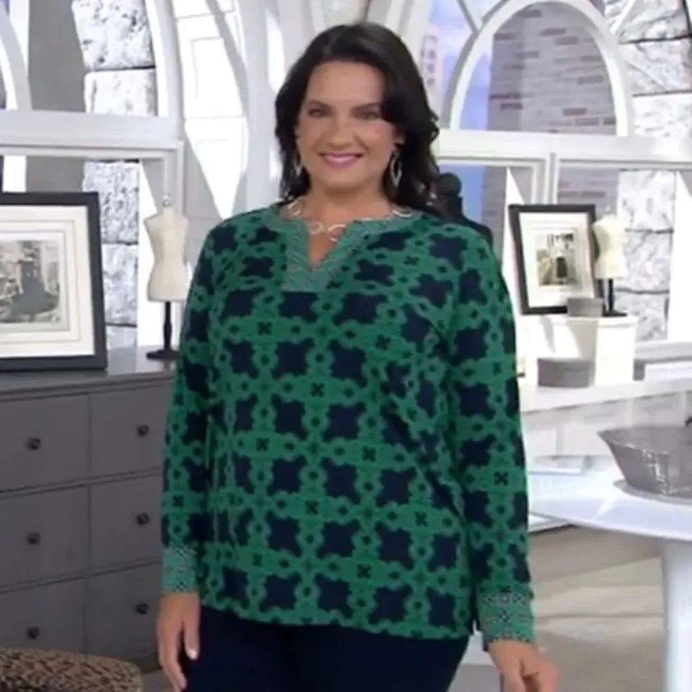 Susan Graver Printed Liquid Knit Split-Neck Tunic